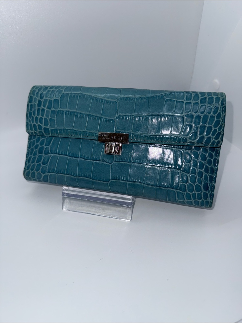 Lauren Ralph Lauren Croc Embossed Continental Wallet Turn Lock Blue - Picture 9 of 15